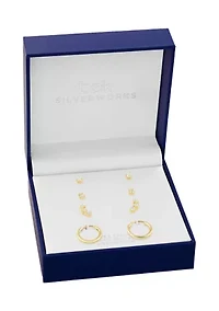Gold Over Silver Silver Cubic Zirconia Stud, Double Stud, Crawler Stud & Endless Hoop Earring Set