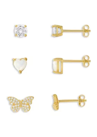 Round Cubic Zirconia Opal Heart Pavé Butterfly Studs Set