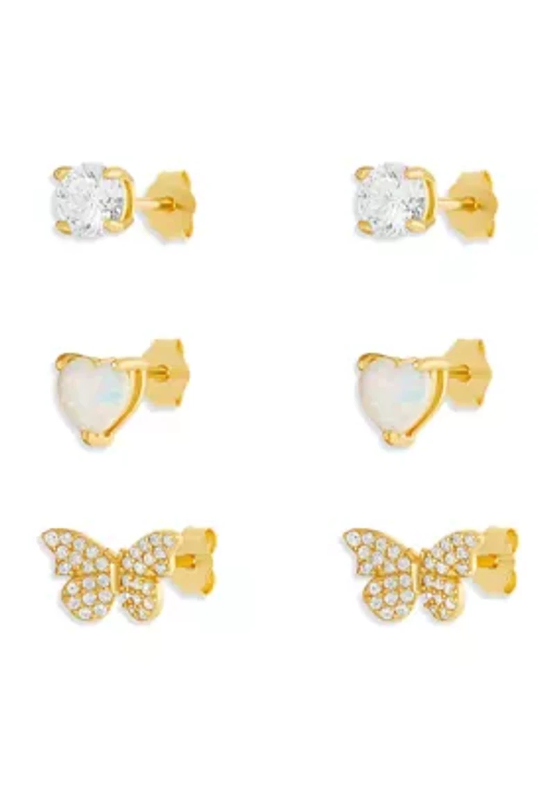 Round Cubic Zirconia Opal Heart Pavé Butterfly Studs Set