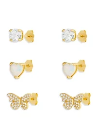 Round Cubic Zirconia Opal Heart Pavé Butterfly Studs Set