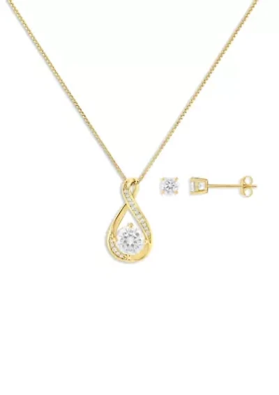 Sterling Silver Cubic Zirconia Round Studs and Twisted Pendant Necklace Set