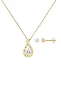 Sterling Silver Cubic Zirconia Round Studs and Twisted Pendant Necklace Set
