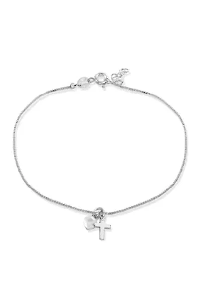 Sterling Silver Box Chain Heart Cross Anklet 