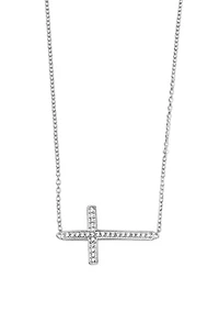 Sterling Silver Sideways Pavé Cubic Zirconia Cross Necklace
