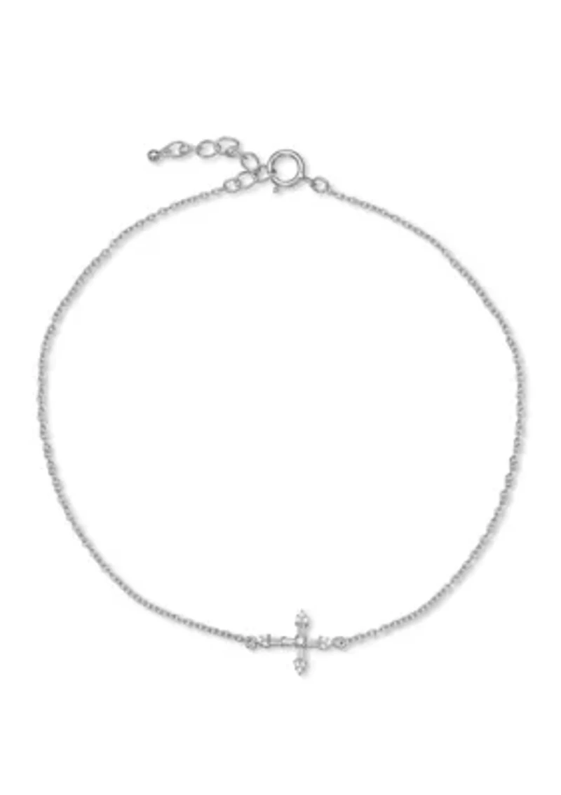 1/8 ct. t.w. Cubic Zirconia Sideway Cross Anklet with 1 Inch Extender