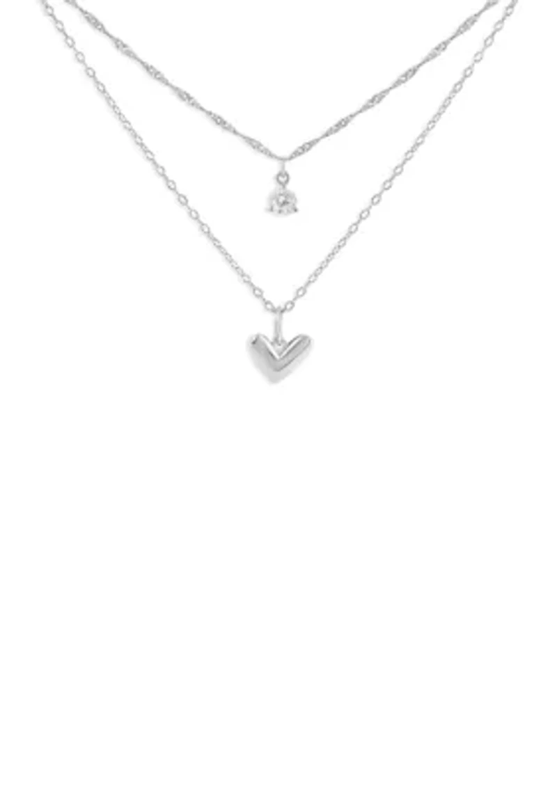 Sterling Silver Singapore Cable Double Layered Heart & Round Cubic Zirconia Necklace