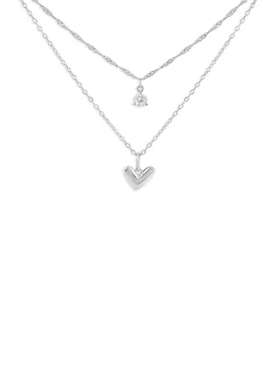 Sterling Silver Singapore Cable Double Layered Heart & Round Cubic Zirconia Necklace