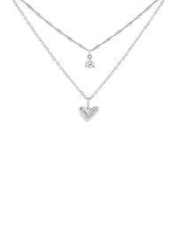 Sterling Silver Singapore Cable Double Layered Heart & Round Cubic Zirconia Necklace