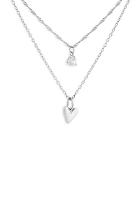 Sterling Silver Singapore Cable Double Layered Heart & Round Cubic Zirconia Necklace