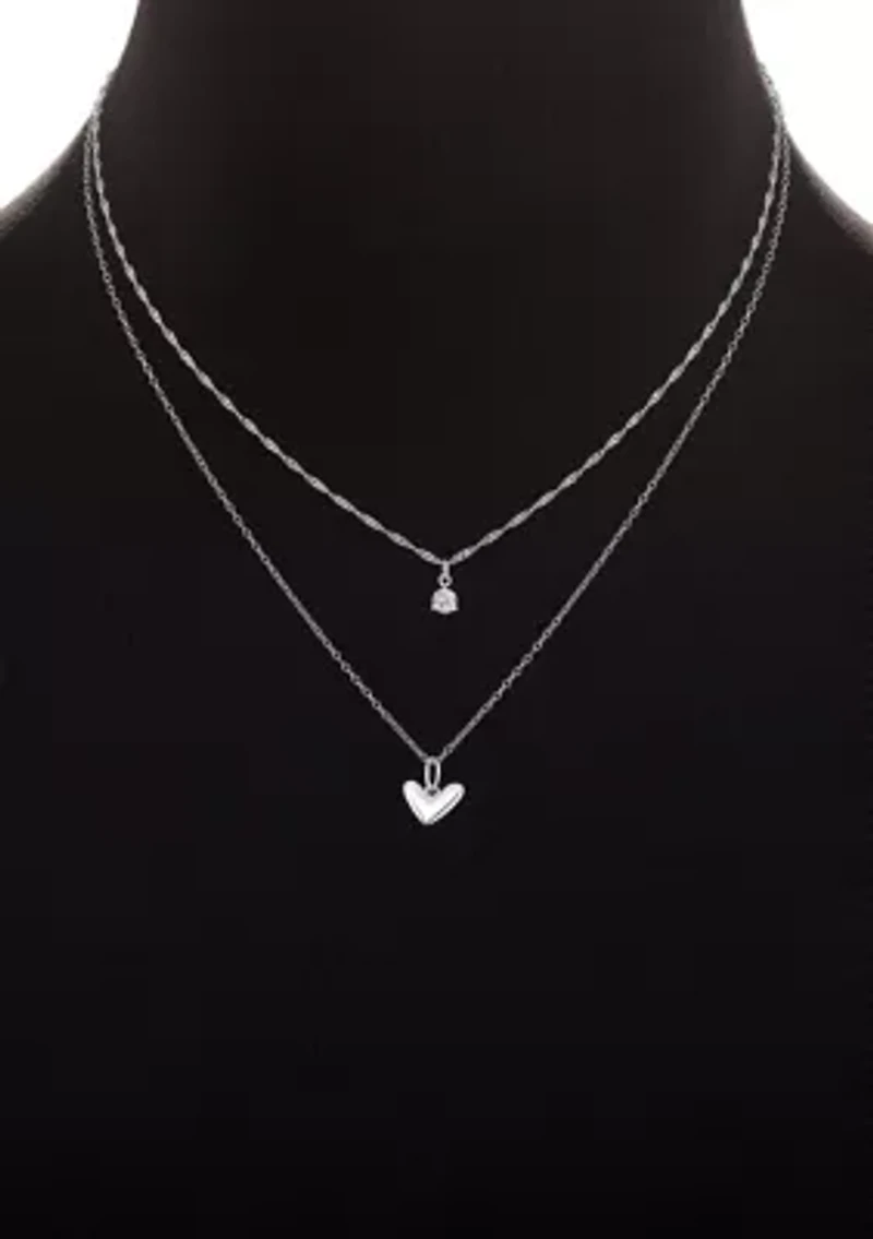 Sterling Silver Singapore Cable Double Layered Heart & Round Cubic Zirconia Necklace