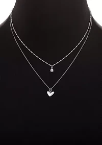 Sterling Silver Singapore Cable Double Layered Heart & Round Cubic Zirconia Necklace