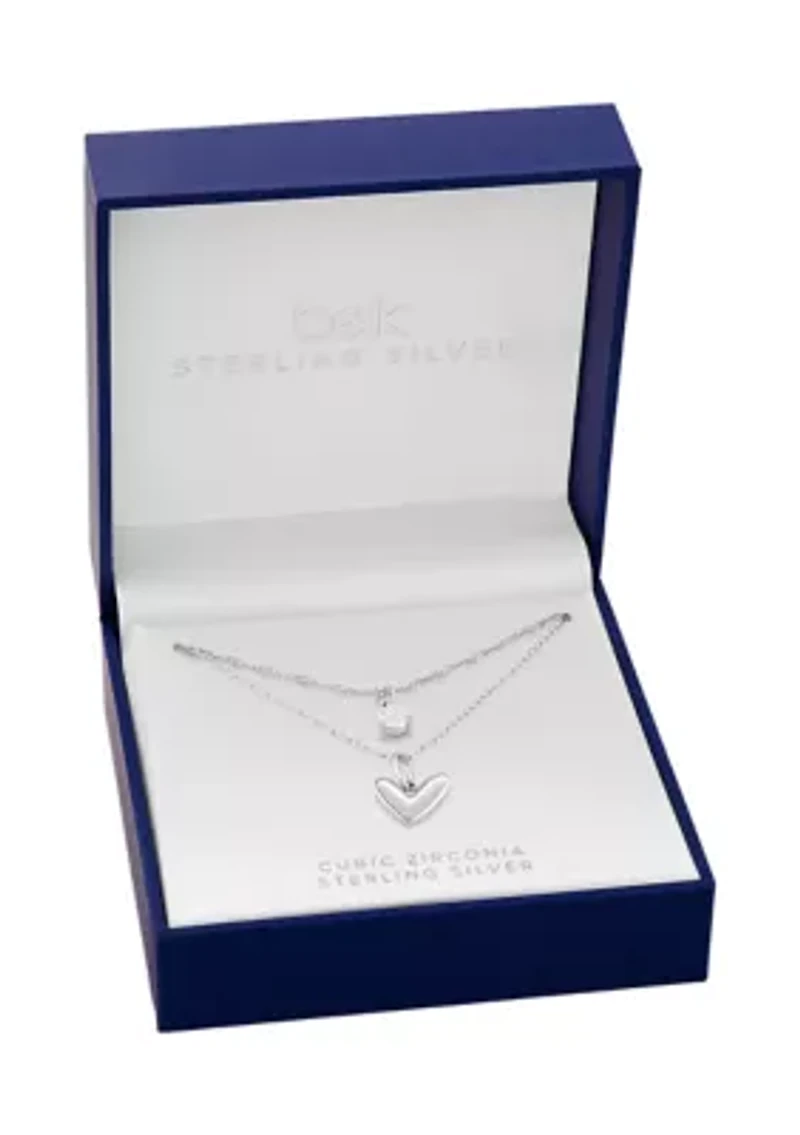 Sterling Silver Singapore Cable Double Layered Heart & Round Cubic Zirconia Necklace