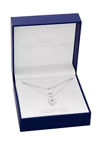 Sterling Silver Singapore Cable Double Layered Heart & Round Cubic Zirconia Necklace