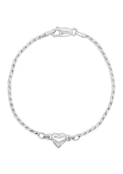 Sterling Silver Rope Chain Bracelet with Polished Heart Center