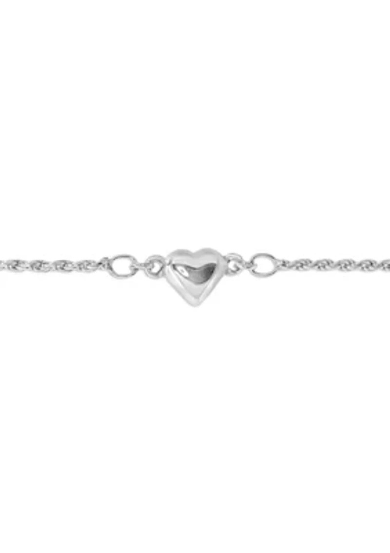 Sterling Silver Rope Chain Bracelet with Polished Heart Center