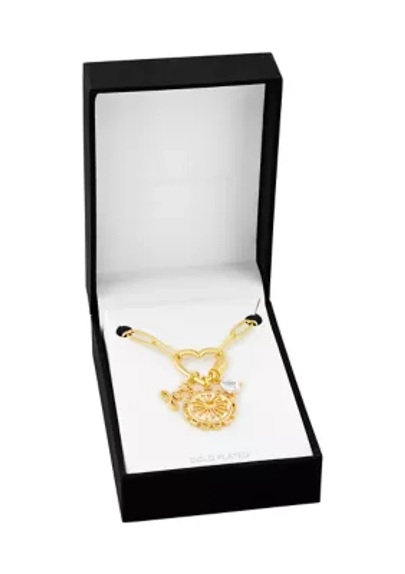 Gold Plated Multi Charm Heart Carabiner Necklace