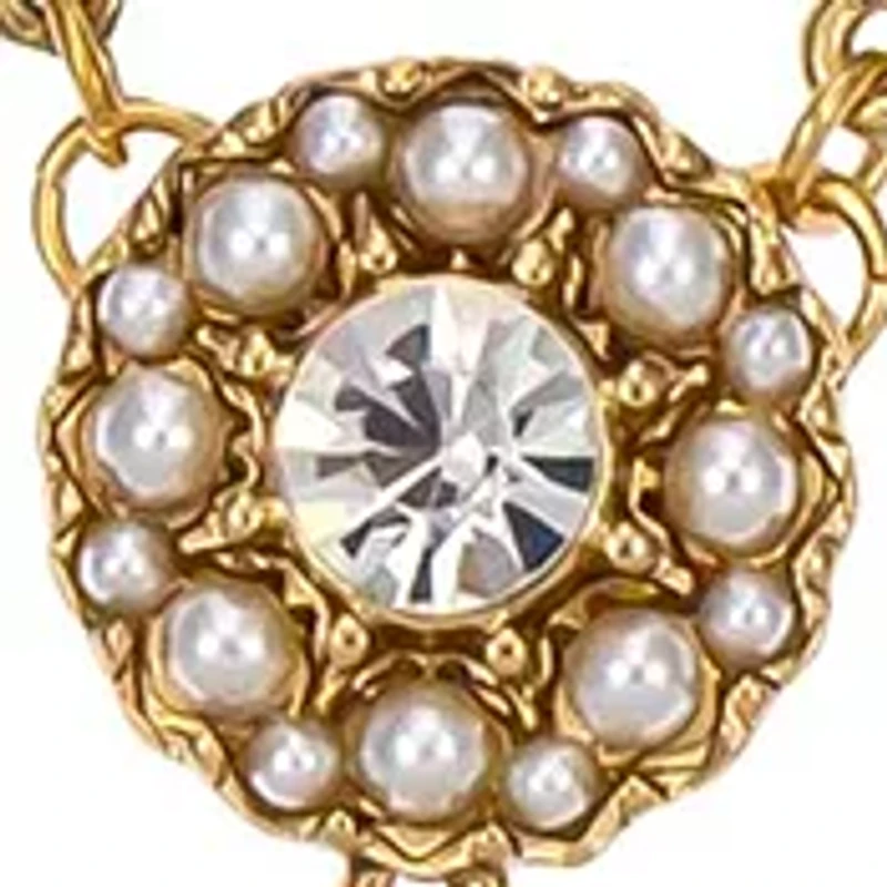 Gold Tone, 17 Inch + 3 Inch Extender Small Stone Frontal Necklace with Pearl Drop