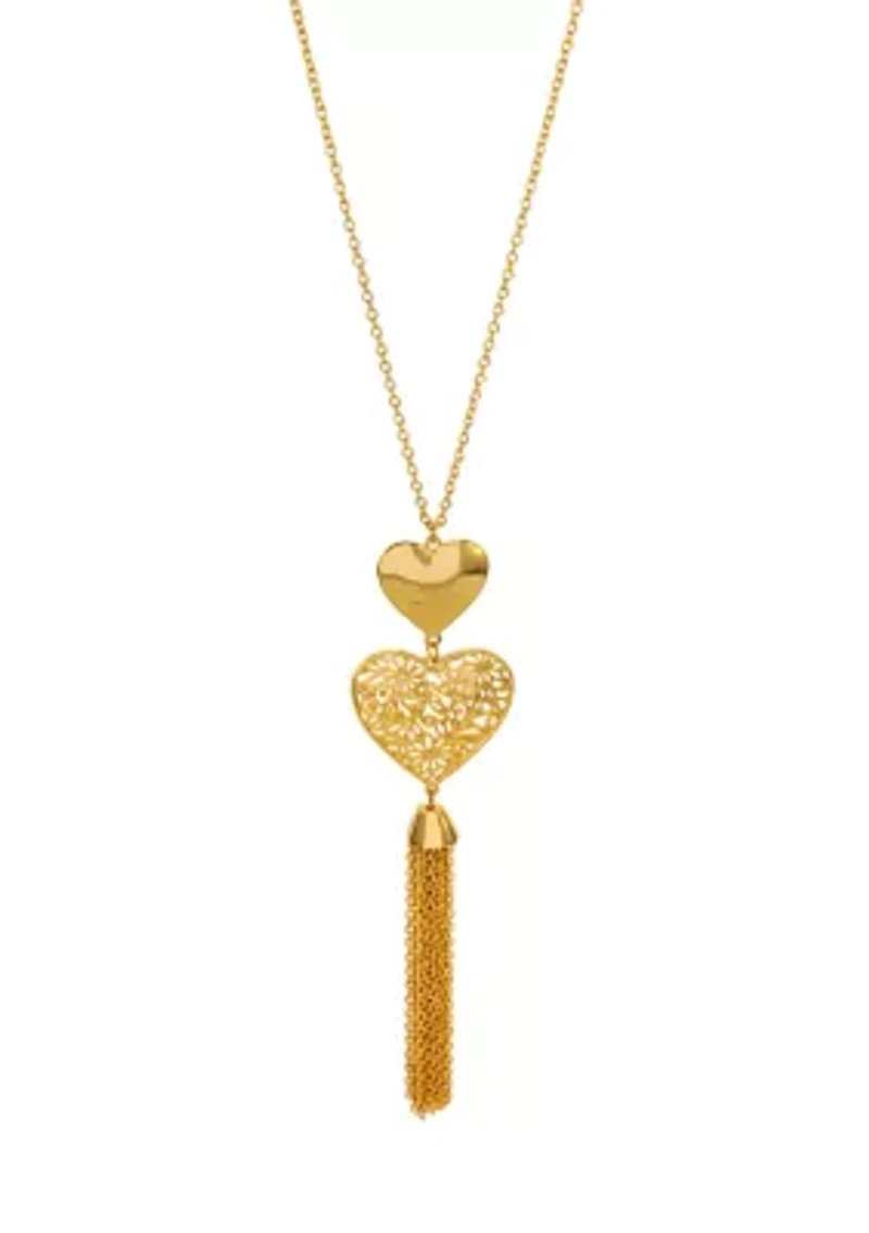 Gold-Tone Tassel Double Heart Necklace