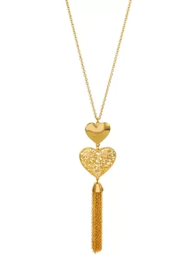 Gold-Tone Tassel Double Heart Necklace