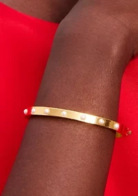 White Beaded Gold Bangle Bracelet