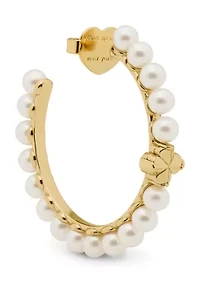 White Beaded Gold Tone Hoop Earrings