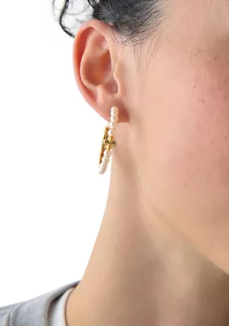 White Beaded Gold Tone Hoop Earrings
