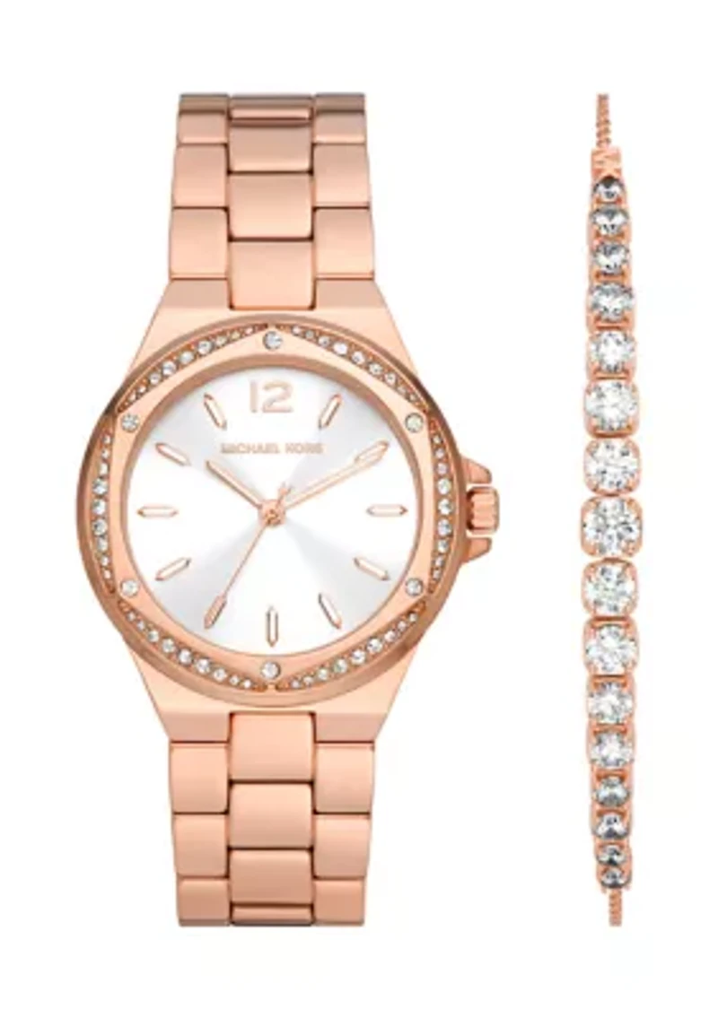 Lennox Three Hand Rose Gold Tone Stainless Steel Watch and Sterling Bracelet Set