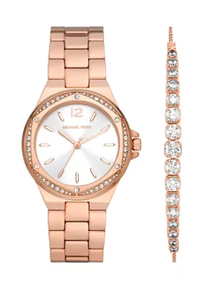 Lennox Three Hand Rose Gold Tone Stainless Steel Watch and Sterling Bracelet Set