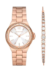 Lennox Three Hand Rose Gold Tone Stainless Steel Watch and Sterling Bracelet Set