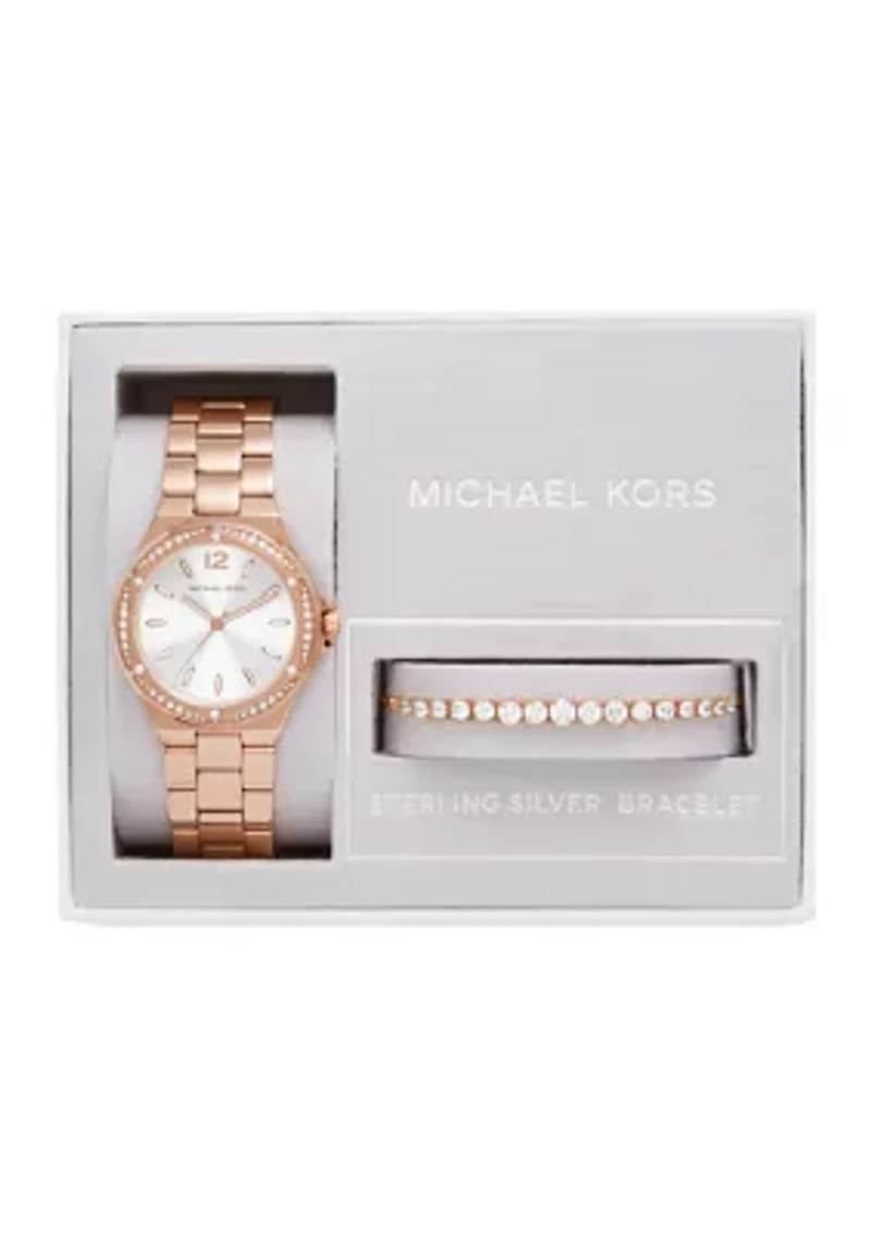 Lennox Three Hand Rose Gold Tone Stainless Steel Watch and Sterling Bracelet Set