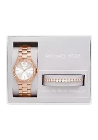Lennox Three Hand Rose Gold Tone Stainless Steel Watch and Sterling Bracelet Set