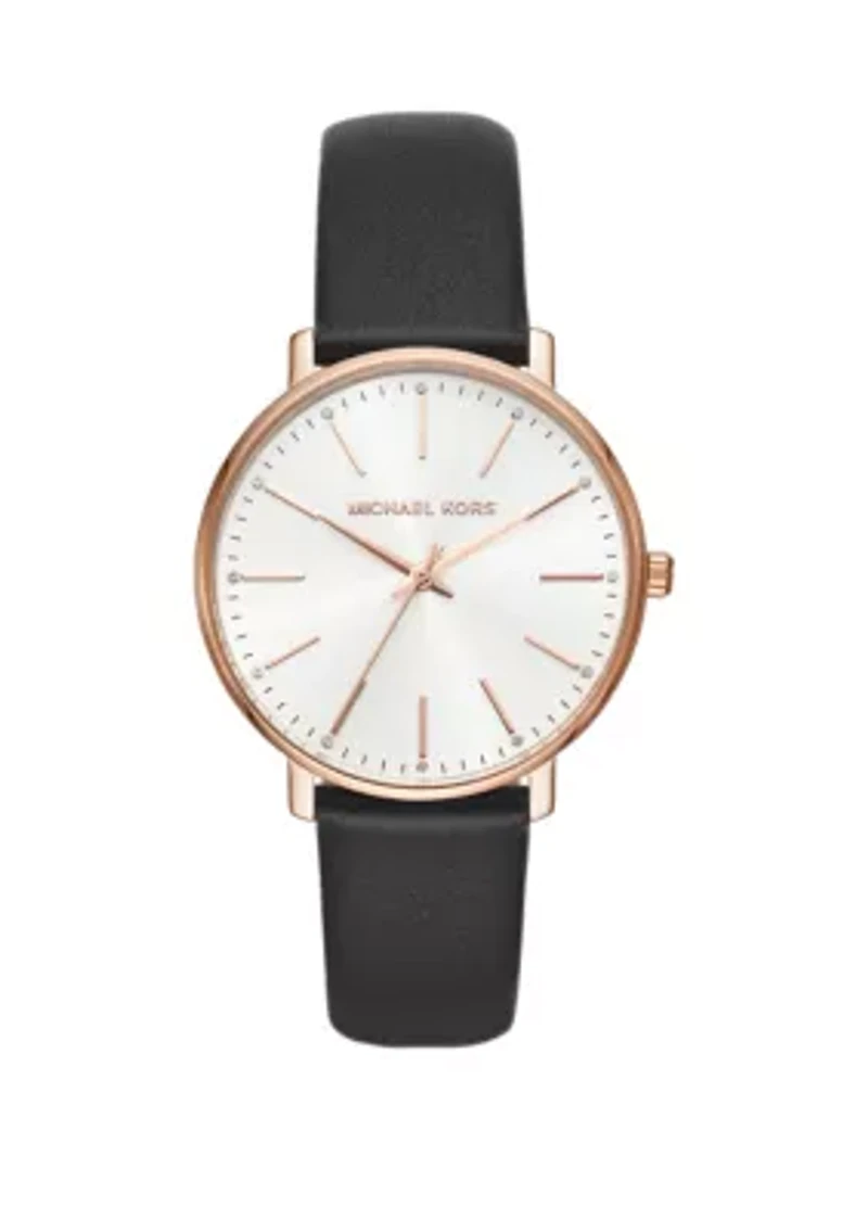 Rose Gold Tone Pyper 3 Hand Black Leather Watch
