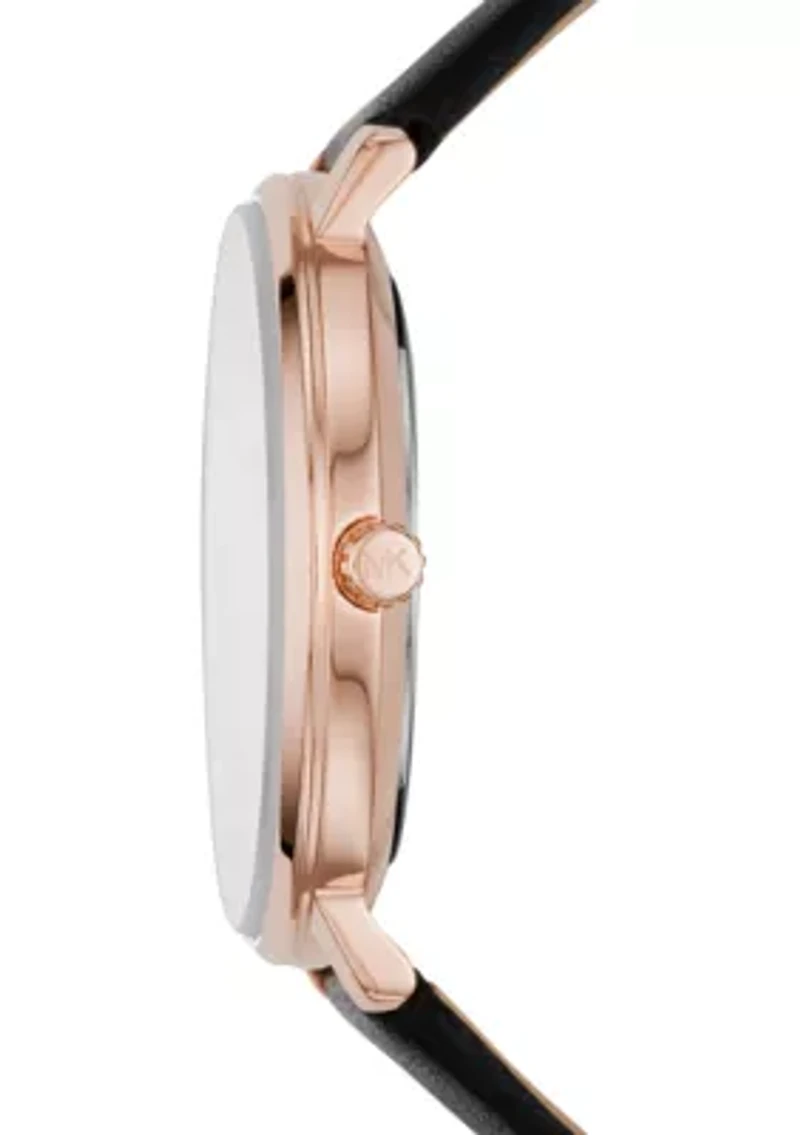 Rose Gold Tone Pyper 3 Hand Black Leather Watch