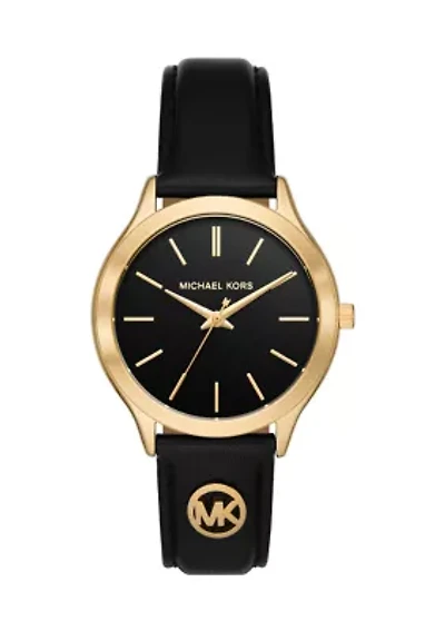 Slim Runway Leather Strap Gold Face Watch
