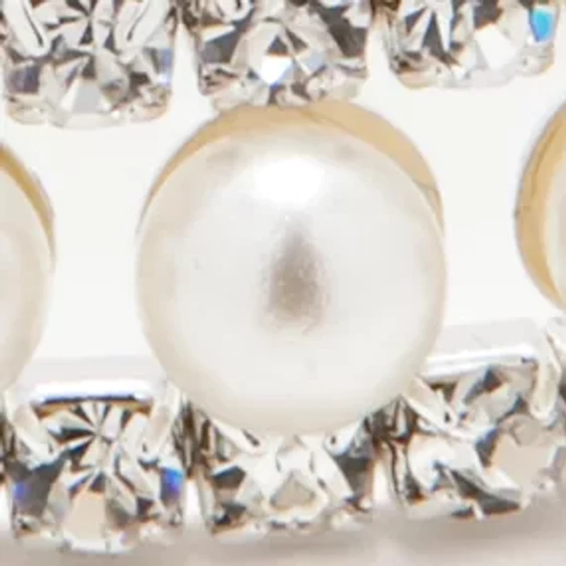 Silver Tone Crystal Pearl 3 Row Stretch Bracelet