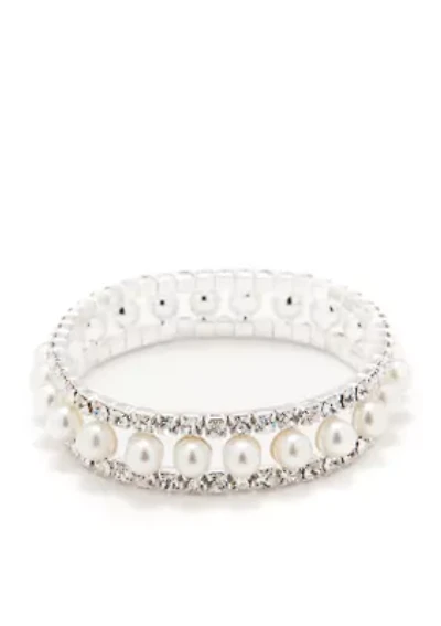 Silver Tone Crystal Pearl 3 Row Stretch Bracelet