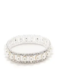 Silver Tone Crystal Pearl 3 Row Stretch Bracelet