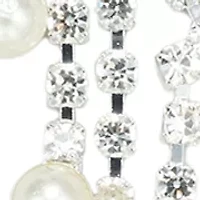Silver Tone Pearl and Crystal Fringe V Necklace