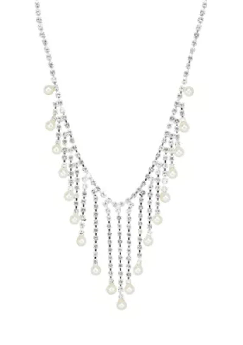 Silver Tone Pearl and Crystal Fringe V Necklace