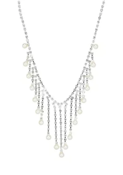 Silver Tone Pearl and Crystal Fringe V Necklace