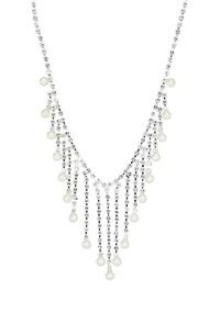Silver Tone Pearl and Crystal Fringe V Necklace