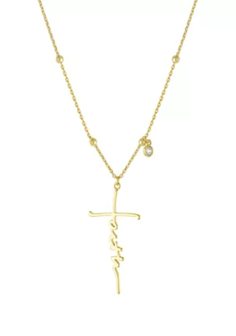 Boxed Silver Plated 16" + 2" Faith Cross and Cubic Zirconia Charm Pendant Necklace