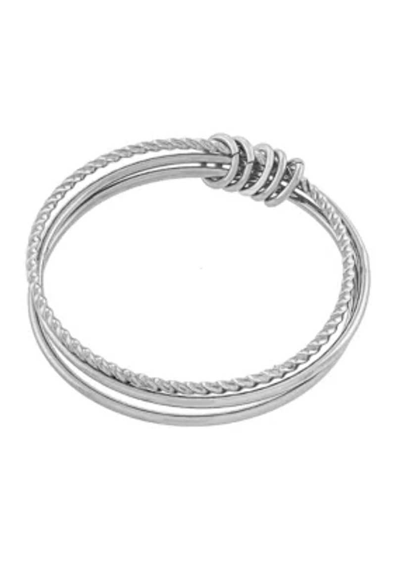 8" Silver Plated High Polished and Twist Triple Bangle Bracelet