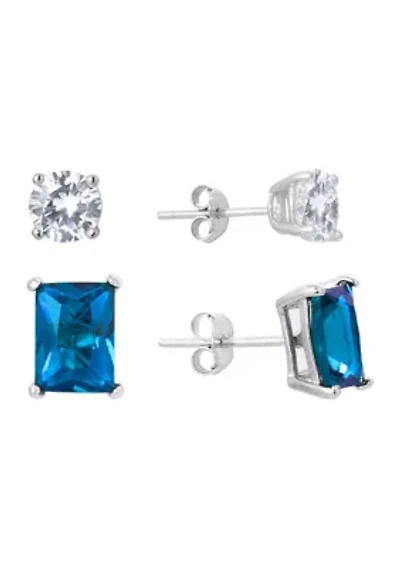 Sterling Silver 6 Millimeter Cubic Zirconia Round and 7 Emerald Cut Stud Earring Set