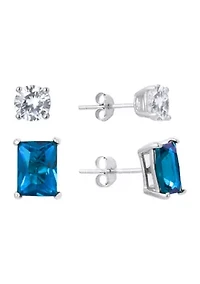 Sterling Silver 6 Millimeter Cubic Zirconia Round and 7 Emerald Cut Stud Earring Set
