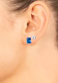 Sterling Silver 6 Millimeter Cubic Zirconia Round and 7 Emerald Cut Stud Earring Set
