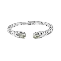 Sterling Silver Genuine Stone Flower Hinge Cuff Bracelet