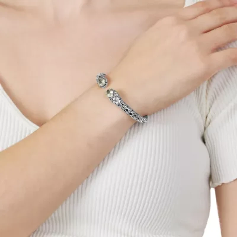 Sterling Silver Genuine Stone Flower Hinge Cuff Bracelet