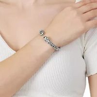 Sterling Silver Genuine Stone Flower Hinge Cuff Bracelet