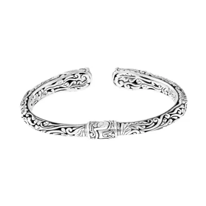 Sterling Silver Genuine Stone Flower Hinge Cuff Bracelet